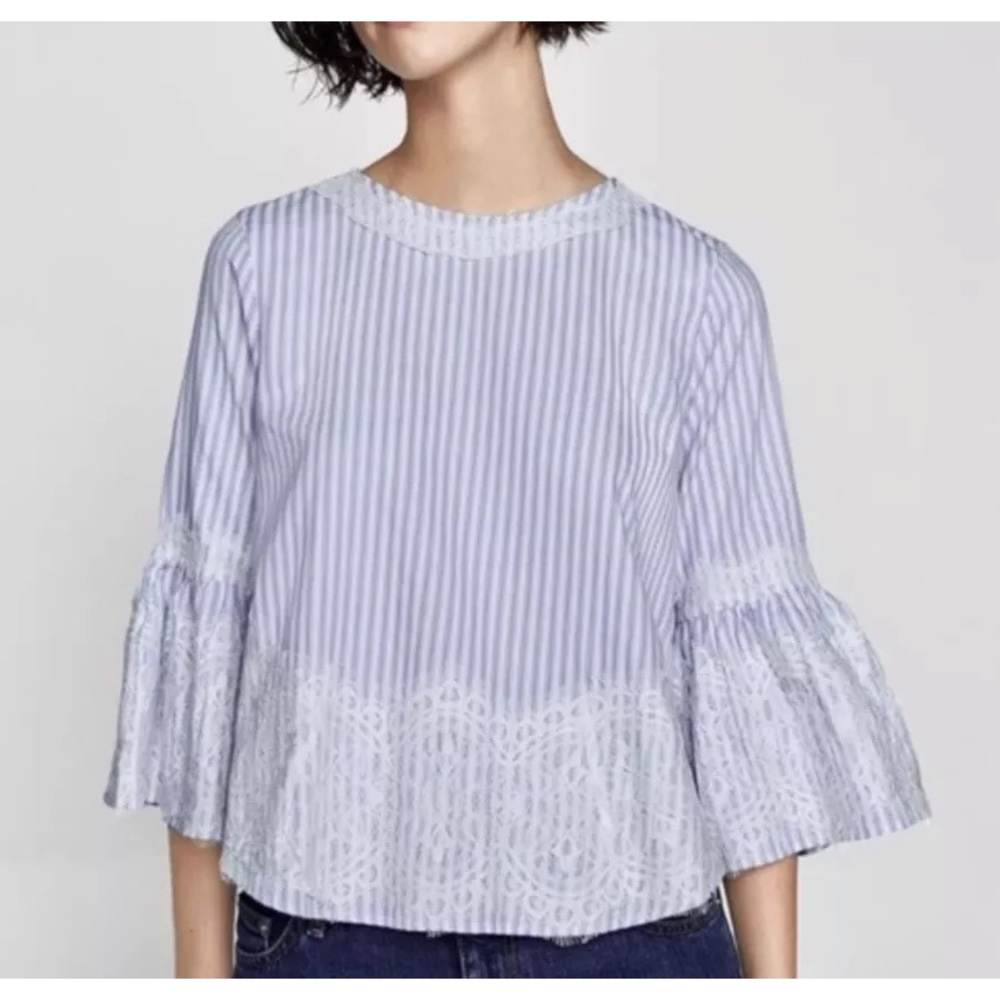 Zara Pin Stripe Lace Top With Bell Sleeves NWT